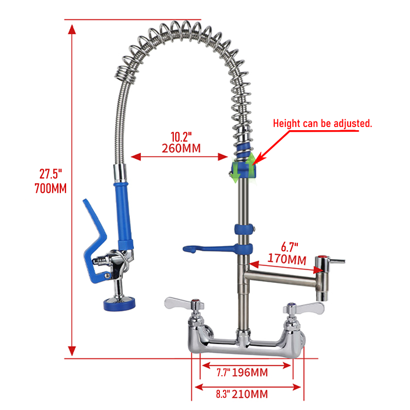 Commercial Pre Rinse Kitchen Faucet Wall - 304SS Geïntegreerde Pijp + Messing Voor-spoelkraan