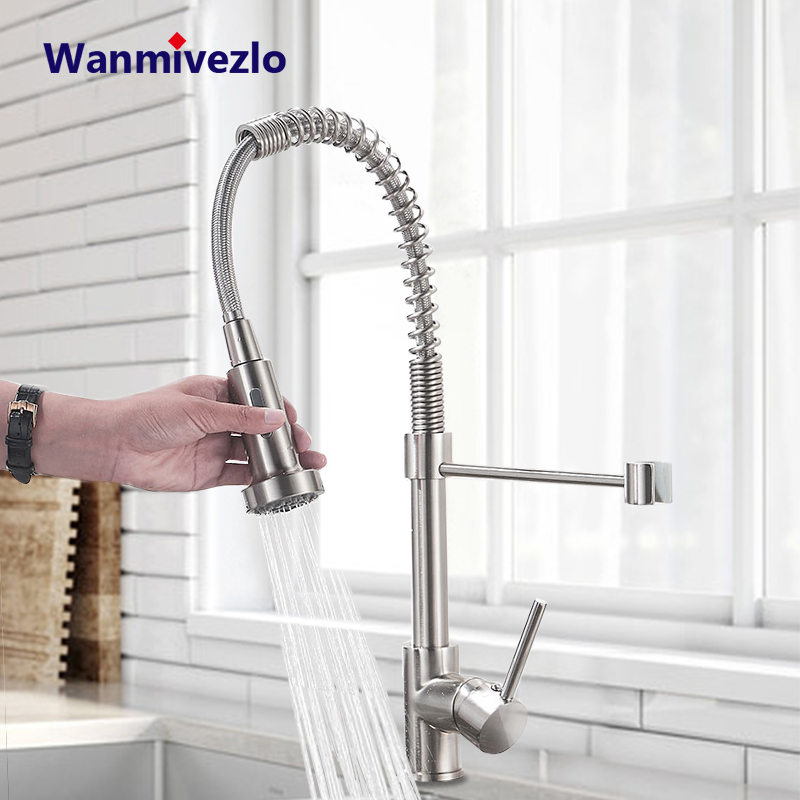 Pull Down Spray Kitchen Faucet Brushed Nickel - Geboeid nikkel, uittrekbare keukenkraan met straal-