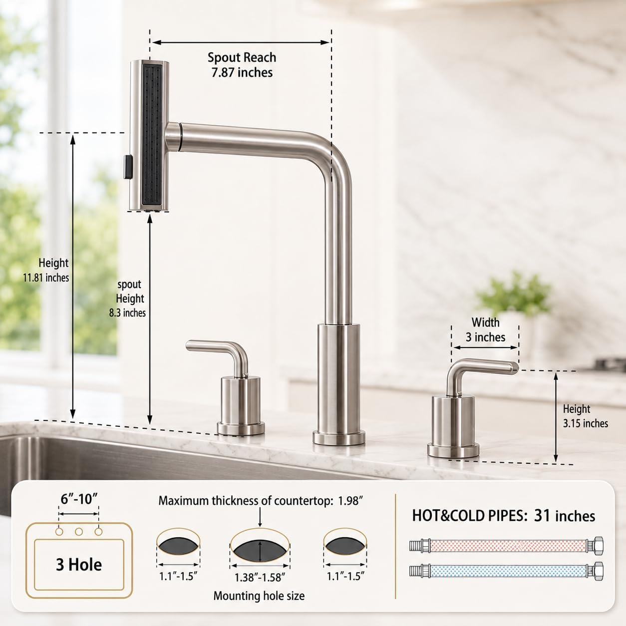 Keukenkraan met 3 gaten en uit - Pull Down Spray Kitchen Faucet Brushed Nickel recensie en prijs